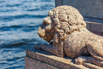 Wall Mural - St. Petersburg, Russia, July 23, 2021. View of the Neva River and embankment. Sculpture of stone lions