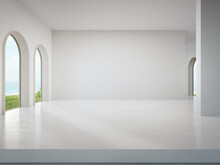 Empty Wall On White Concrete Floor Of Bright Living Room In Modern Beach House Or Luxury Hotel. Minimal Home Interior 3d Rendering With Sea View.