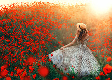 Silhouette Romantic Happy Fantasy Woman, Back Rear View. Girl Walks Enjoy Blooming Hill Red Poppies Meadow. Vintage Fashion 50s Retro White Dress, Black Polka Dots, Straw Hat. Bright Sunset Sun Light.