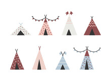 Set Of Pretty Childish Illustrations Of Wigwams. Cute Doodle Clipart In Pastel Colors Isolated On White Background. 