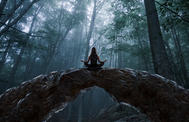 Wall Mural - woman meditating and observing the forest