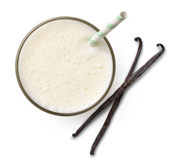 Glass of fresh vanilla milkshake isolated on white background