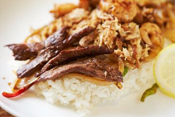 Wall Mural - beef steak with rice and vegetables