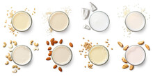 Set Of Various Vegan Milk Isolated On White Background