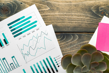 Poster - Office workplace table with report pages with financial data