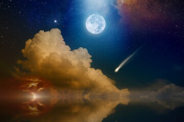 Poster - Amazing mysterious image – rising full moon, falling comet or shooting star and glowing clouds with lightning above serene sea