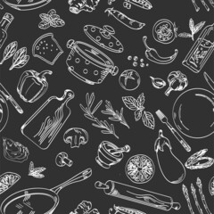 Drawing with chalk on a blackboard seamless pattern with vegetables and kitchen utensils, cook