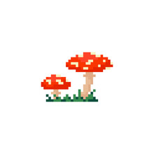 Pixel Art Amanita Mushrooms. Toadstool Pixel Mushroom For Decoration, Game, Halloween. Red Cap Mushroom In Vintage Pixel Style. Cute Pair Of Mushrooms.