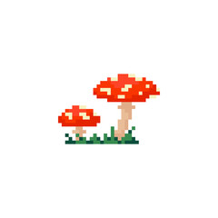 Wall Mural - Pixel art amanita mushrooms. Toadstool pixel mushroom for decoration, game, halloween. Red cap mushroom in vintage pixel style. Cute pair of mushrooms.