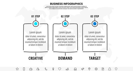 Hand-drawn vector line infographics with three rectangles and icons. Flat chart process template with 3 steps. Modern timeline for business project, presentation, web, diagram, content