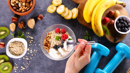 Poster - health food breakfast- cereal and fruits