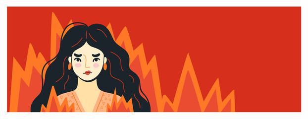 angry furious woman surrounded by fire. overworked person on the verge of psychological breakdown. u