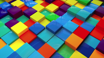 Poster - Geometric 3d render simple squares laid with lines on surface. Multicolored boxes in dynamic lighting with bright highlights. Digital wall creative presentation made of blocks