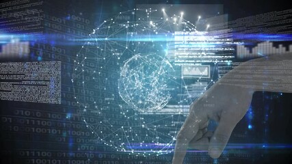 Poster - Animation of hand over data processing and globe of connections
