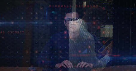 Poster - Animation of data processing with cyber attack warning over hacker and computer technician