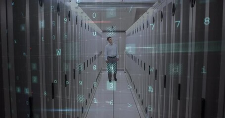 Poster - Animation of data processing with cyber attack warning over technician and computer servers