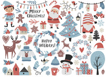 Christmas And New Year Elements With Santa, Elf, Snowman, Christmas Tree, Wreaths, And Others. Perfect For Scrapbooking, Greeting Card, Party Invitation, Poster, Tag, Sticker Kit. Hand Drawn Style.