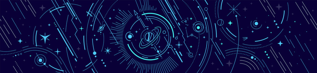 Wall Mural - vector abstract horizontal white and blue space illustration with star, planet and line