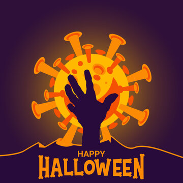 zombie hand silhouette illustration with corona virus moon background. halloween backround for social media.