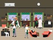 © Wanlee - Male characters in barbershop, flat vector illustration. Barber washing hair, doing haircut, shaving beard. Hair saloon.