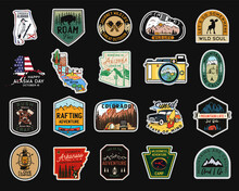 Vintage Camp Patches Logos, Mountain Badges Set. Hand Drawn Stickers Designs Bundle. Travel Expedition, Backpacking Labels. Outdoor Hiking Emblems. Logotypes Collection. Stock .