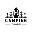hand drawn camping logo with lantern Vintage emblem forest. Retro style camping camper explore. Outdoor adventure badge design. Travel and hipster mountain outdoor. Wilderness theme