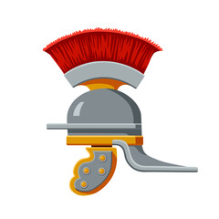 an ancient iron Roman helmet with red feathers and bronze rivets, a military attribute, a color vector illustration isolated on a white background in a cartoon style and a flat design