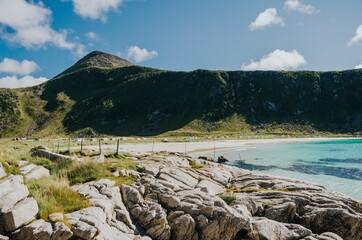 Poster - Coastal mountains with beautiful landscapes on a beach in Lofoten Islands, Norway