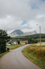 Poster - Rural road in between beautiful landscape fields and houses with mountains on background