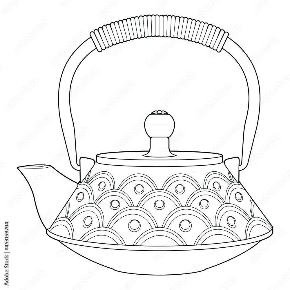 Cast iron teapot. Dishes for the Chinese tea ceremony. Coloring page ...