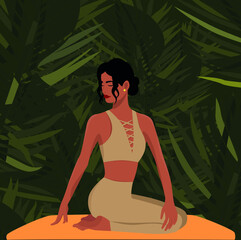 Wall Mural - Digital illustration beautiful yogi girl in summer resting on bali island doing yoga in the jungle meditating and relaxing for health