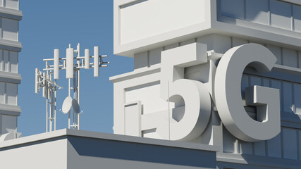 Poster - 3d render of a piece of building with antennas and huge 5g letters. daylight. technology background.