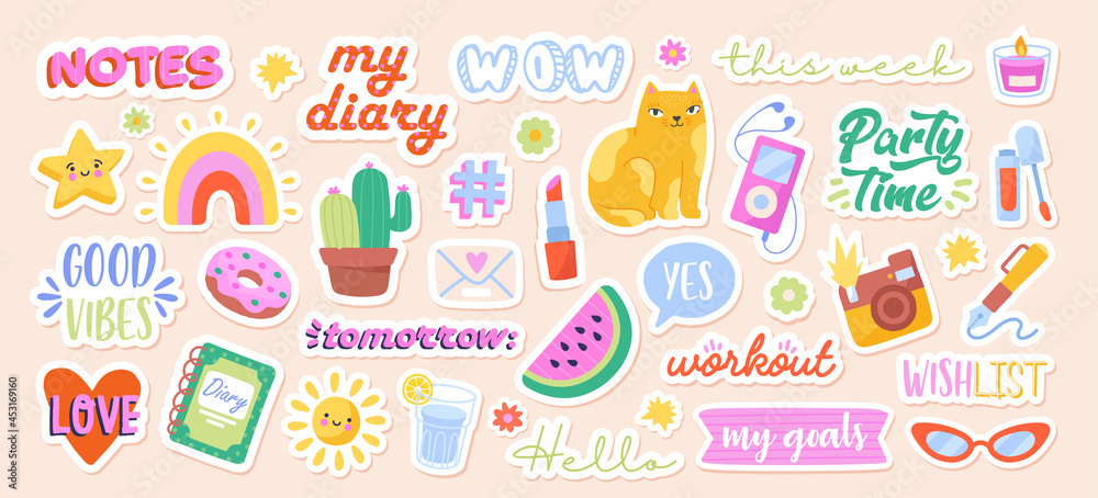 Set of beautiful stickers for notebook. Icons with inscriptions, fruits ...