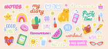 Set Of Beautiful Stickers For Notebook. Icons With Inscriptions, Fruits, Cat And Player. Design Elements For Decorating Diary And Printing. Cartoon Flat Vector Collection Isolated On Pink Background
