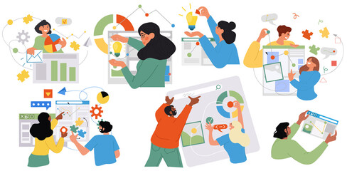 Poster - business project set. men and women come up with ideas, study statistics and create digital products