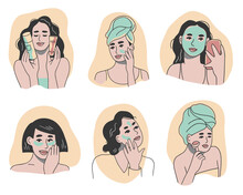 Six Female Characters Doing Skincare Rituals. Set Of Women Applying Various Skincare Products To Their Faces. Cartoon Style Collection Of Hand Drawn Illustrations
