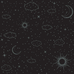 Wall Mural - mystical boho background including suns, moons, clouds and stars. vector seamless pattern in retro s