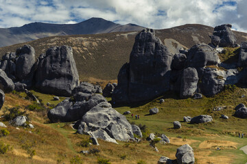 Poster - Beautiful view of the big and small rocks at castle hill New Zealand on a sunny day