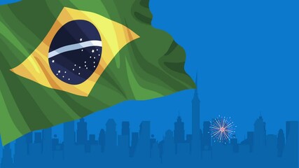 Wall Mural - brazil independence day animation with flag and city