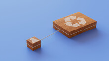 Eco Technology Concept With Recycle Symbol On A Wooden Block. User Network Connections Are Represented With White String. Blue Background. 3D Render.