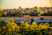 Jerusalem, Israel: Overlooking the Temple Mount; dome of the Rock and golden gate. on evening, sunset