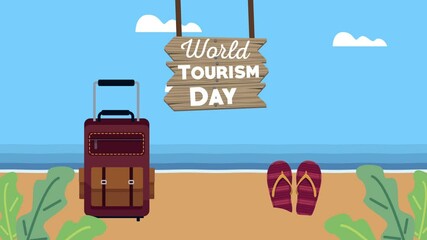 Poster - world tourism day lettering in wooden label and on the beach