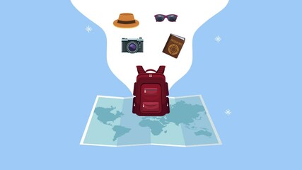 Poster - world tourism day animation with travelbag and paper map