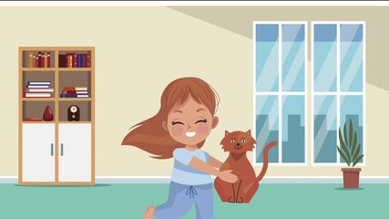 Canvas Print - little girl lifting cat animation