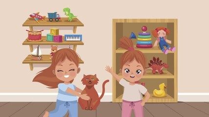 Sticker - little girls with cat in play room