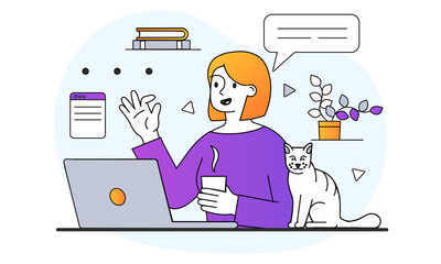 Poster - Home Office concept. Woman sitting at table, drinks hot coffee and greets her colleagues via video link. Remote work on laptop. Cartoon doodle flat vector illustration isolated on a white background