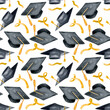 Watercolor illustration of Academic student graduation celebration uniform caps. University hat in black ink pattern with gold ribbons.