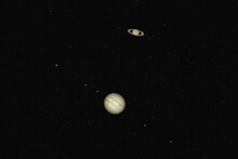 Jupiter And Saturn Conjunction Against Night Starry Sky. Real Amateur Pictures Of  Planets Combined Together With Amateur Stary Sky Picture. Illustration Of Conjunction.