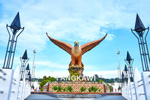 A Sculpture Of A Red Eagle Spreading Its Wings. Popular Tourist Spot On Langkawi Island
