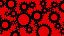 Background Red With Dust Many Cogs Diabolic Cartoon Grunge Pulsing Dirty Animation. Dynamic Cogs Working In Motion. Eight Hell Element Machine. 
